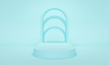 Mavi arka planda bir sıra kemer olan kozmetik podyumu. 3d oluşturma