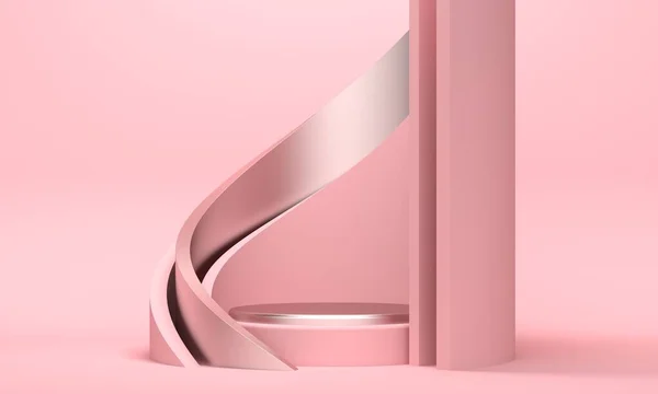 Анотація рожевого фону з платформою і закрученою формою металу. 3D візуалізація — стокове фото