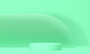 Silindirik podyum ve cam duvarlı nane arkaplanı. 3d oluşturma