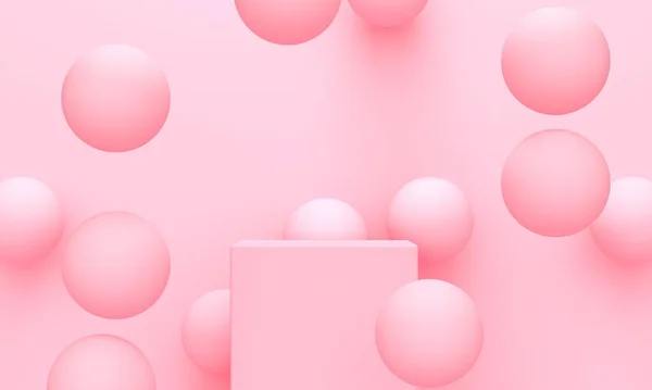 Fondo abstracto rosa con burbujas voladoras y podio. renderizado 3d —  Fotos de Stock