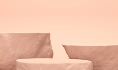 Kahverengi stüdyo arka planında Stones podyumları. 3d oluşturma