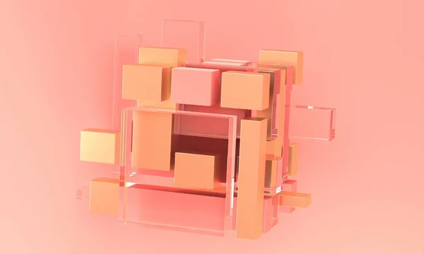 Fundo rosa abstrato com cubo de vidro e ouro. Renderização 3d — Fotografia de Stock