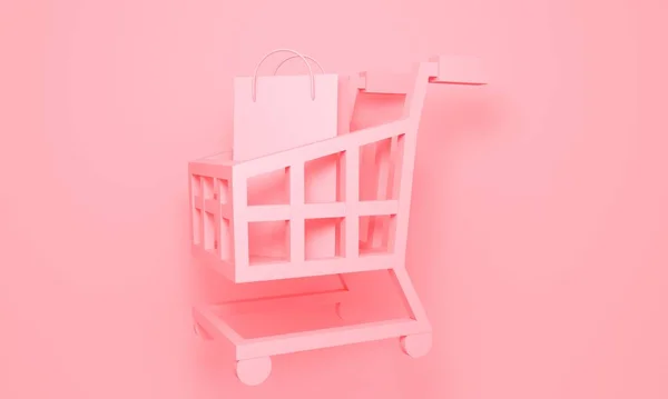 Bevásárlókocsi papírzacskóval rózsaszín háttérrel. 3D-s renderelés — Stock Fotó