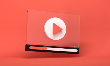 Kırmızı arka planda gölgesi olan cam video oynatıcı. 3d oluşturma