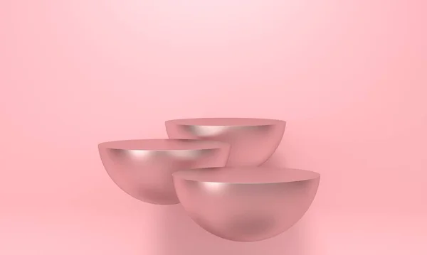 粉红底色化妆品的三只金属飞盘 产品促销的备份设计 3D渲染 — 图库照片