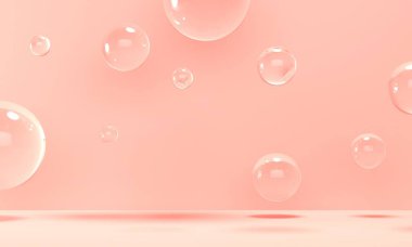 Pembe arka planda şeffaf kabarcıklar uçuşuyor. Ürün tanıtımı için fon tasarımı. 3d oluşturma