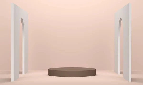 Abstraktní Zázemí Bílým Obloukem Hnědým Pódiem Pro Kosmetiku Backdrop Design — Stock fotografie