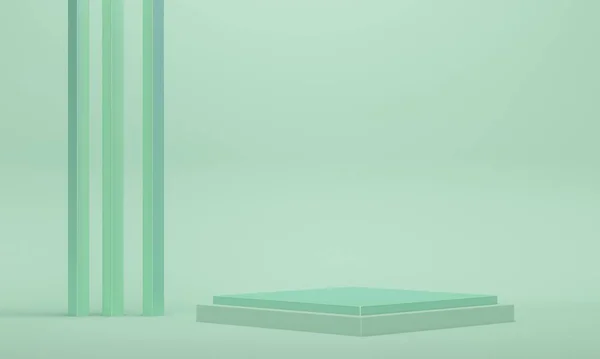 Κενή Πλατφόρμα Ρόμβος Μεταλλικές Στήλες Πράσινο Φόντο Σχεδιασμός Backdrop Για — Φωτογραφία Αρχείου