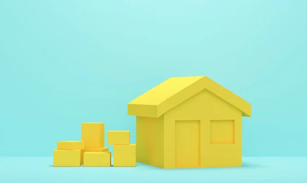 Yellow house with boxes on a blue background. Moving to a new home. 3d rendering — Zdjęcie stockowe
