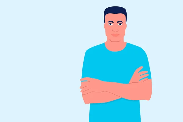 Retrato de un joven con una camiseta con brazos cruzados sobre un fondo azul. Ilustración vectorial — Vector de stock