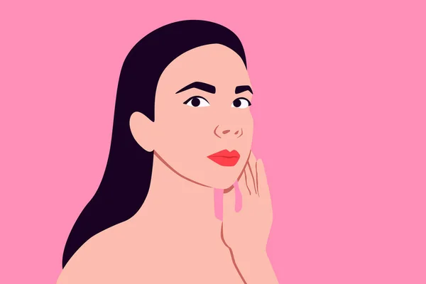 Portrait of a young woman touching her face on a pink background. Vector illustration — Stock Vector