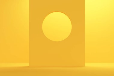 Duvarında yuvarlak bir pencere olan sarı oda. Ürün tanıtımı için fon tasarımı. 3d oluşturma