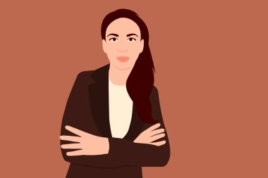 Kahverengi arka planda ceketli genç bir iş kadınının portresi. Vektör illüstrasyonu