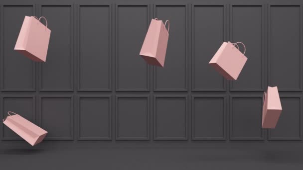 3D经典黑色商店内部与悬浮粉红色袋 最小的现代运动设计 摘要动画 — 图库视频影像