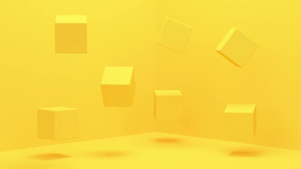 3D kocka lebegett a Sárga szoba sarkában. Minimális modern mozgástervezés. — Stock videók