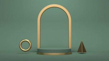 3D Podium with a golden arch on a green background. Minimal modern seamless motion design.