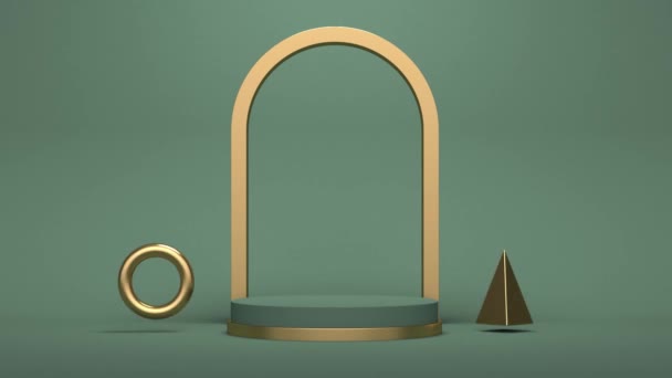 3D Podium with a golden arch on a green background. Minimal modern seamless motion design. — Vídeo de Stock