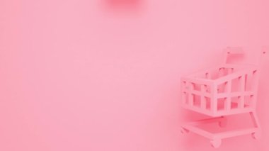 Pembe arka planda bir kese kağıdıyla 3D alışveriş arabası. Asgari modern hareket tasarımı.