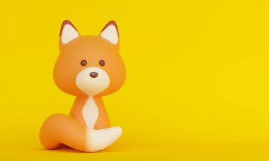 Sarı arka planda oturan sevimli kızıl tilki. 3d oluşturma
