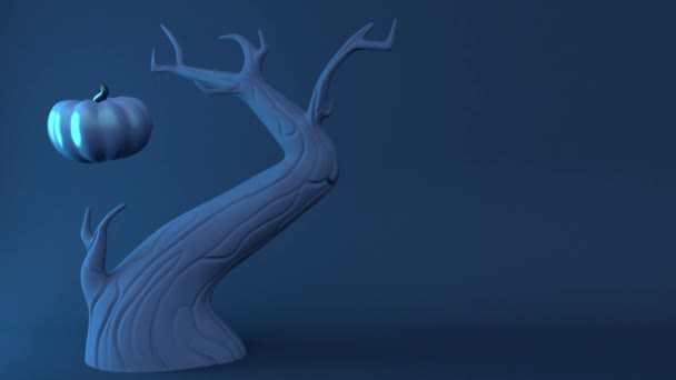 Üç boyutlu Cadılar Bayramı balkabağı feneri ve mavi arka planda eski bir ağaç. Asgari modern hareket tasarımı. — Stok video