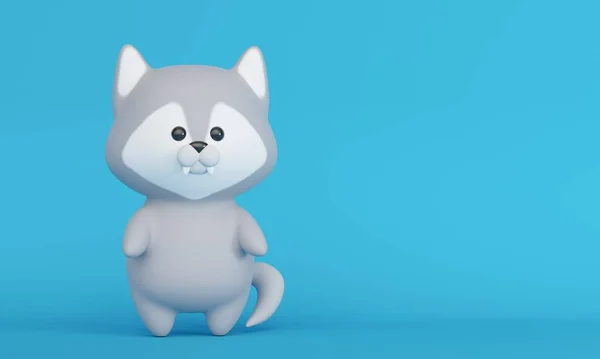 Niedlichen kleinen grauen Wolf auf blauem Hintergrund. 3D-Darstellung — Stockfoto