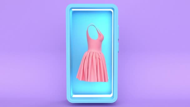 3D mobiltelefon kirakat megvilágítással és divatos női ruha. Online áruház koncepció. Minimális modern, zökkenőmentes mozgástervezés. — Stock videók
