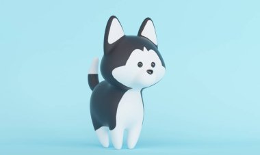 Mavi arka planda şirin, iri kıyım bir köpek. 3d oluşturma