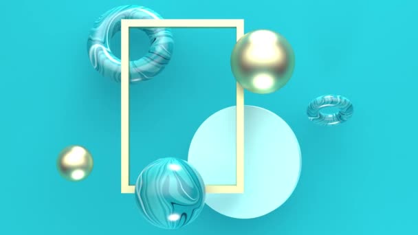 3D Rechthoekig frame met gouden en marmeren vliegende figuren op een blauwe achtergrond. Minimaal modern naadloos bewegingsontwerp. — Stockvideo