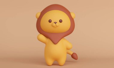 Kahverengi arka planda şirin bir aslan. 3d oluşturma