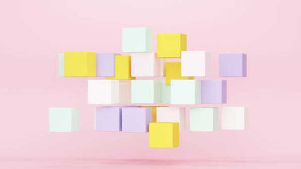 3D Abstract composition with colored flying cubes on a pink background. Minimal modern seamless motion design. — Stock Video