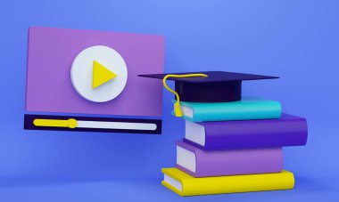 Kitapları ve mezuniyet şapkası olan bir video oynatıcı. Uzaktan öğrenme konsepti. 3d oluşturma