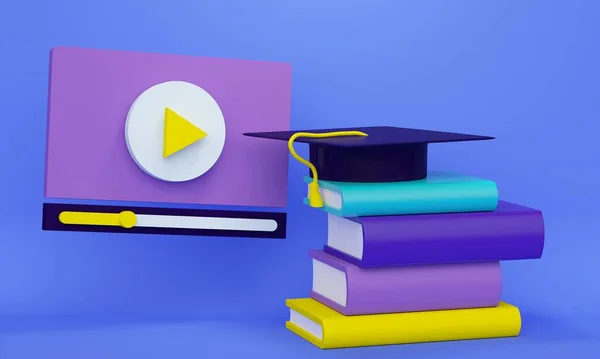 Video player with books and a graduate cap. Distance learning concept. 3d rendering