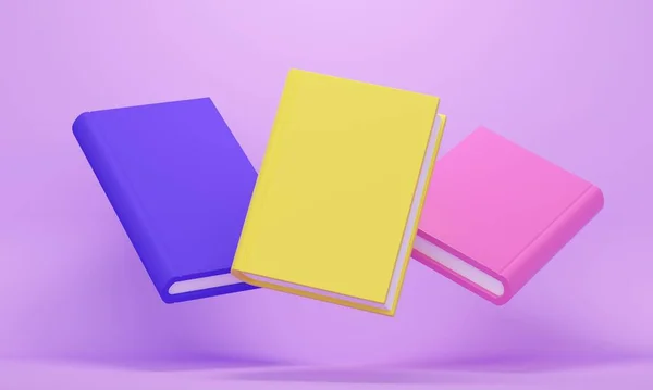 Mockup van felgekleurde vliegende boeken op een lila achtergrond. 3d destructie — Stockfoto