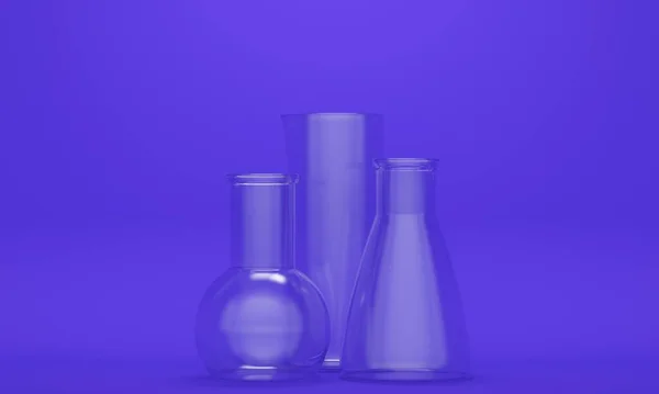 Frascos vazios de vidro químico sobre fundo lilás. Renderização 3d — Fotografia de Stock