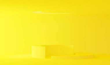 Tavanda ay olan bir oda ve sarı arka planda bir podyum. 3d oluşturma