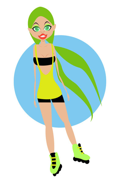 Young girl with long green hair rollerblading