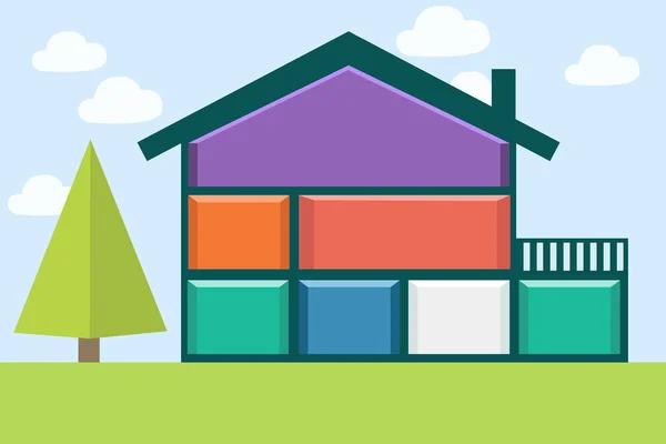 Dům s barevné pokoje na pozadí oblohy — Stockový vektor