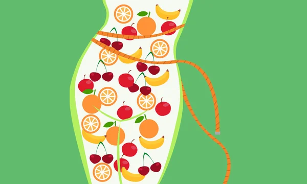 โภชนาการที่เหมาะสม ซิลูเอท ร่างกาย ผู้หญิงผอม เต็มไปด้วยผลไม้ — ภาพเวกเตอร์สต็อก