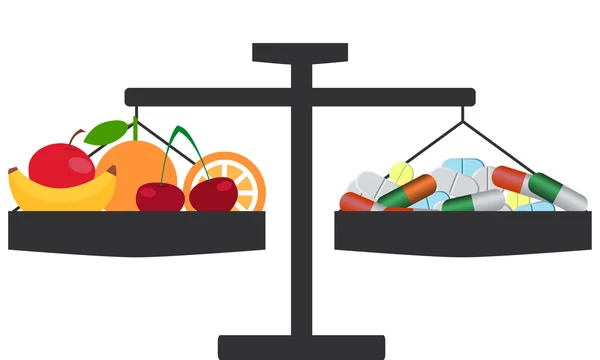 Le choix entre les vitamines naturelles et synthétiques. Échelles avec pilules et fruits . — Image vectorielle