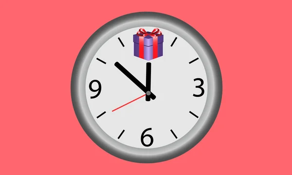 Tid gåvor. Klockor med en gåva i lila låda med rött band. — Stock vektor