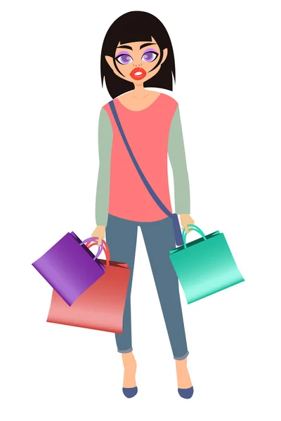 Chica de compras. Chica en jeans con paquetes. Ilustración vectorial . — Vector de stock