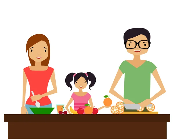 Familie. Mutter und Vater bereiten mit ihrem Kind gesunde Nahrung zu. Vektorillustration. — Stockvektor