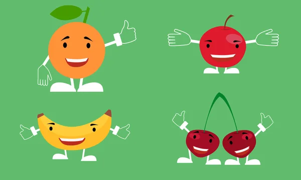 Un set di personaggi sorridenti frutta banana, arancia, ciliegia, mela. Illustrazione vettoriale — Vettoriale Stock