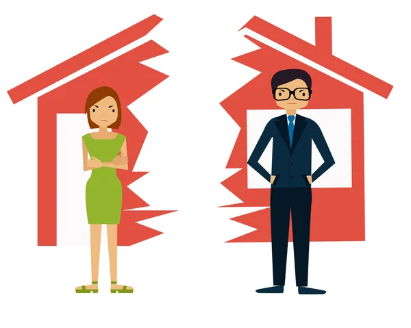 Divorcio. Hombre y mujer dividen la casa. Ilustración vectorial — Archivo Imágenes Vectoriales