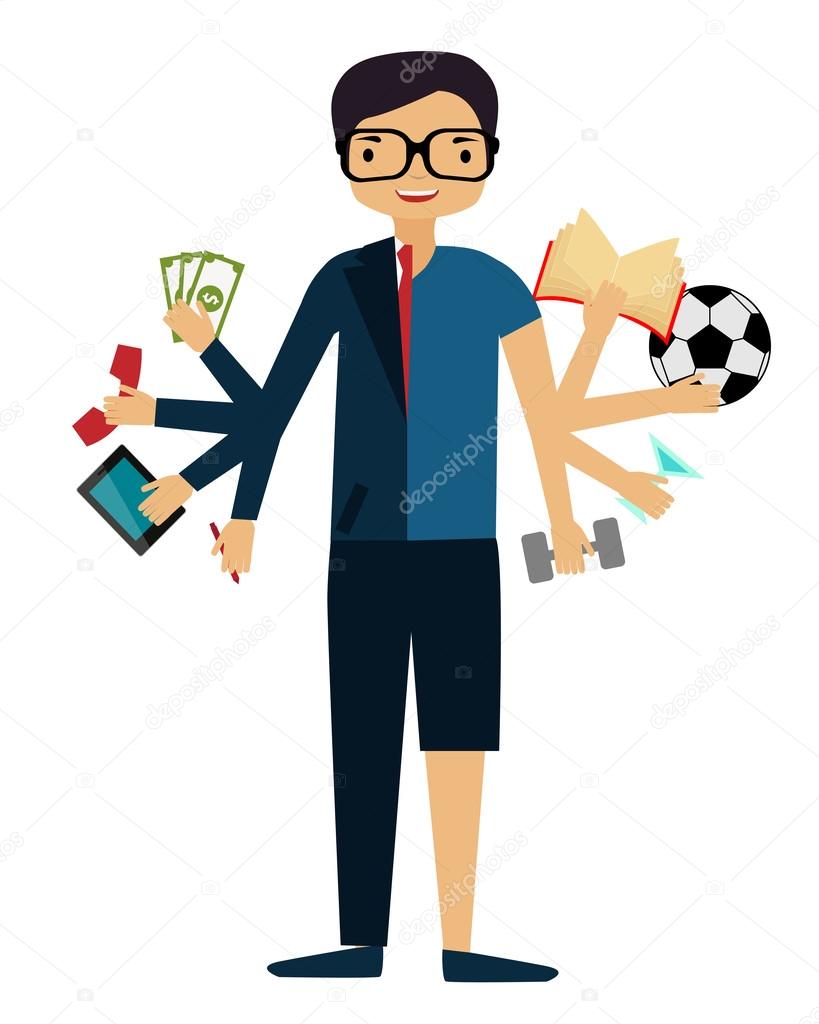 Time management. A man in a suit doing several things at once. Vector illustration
