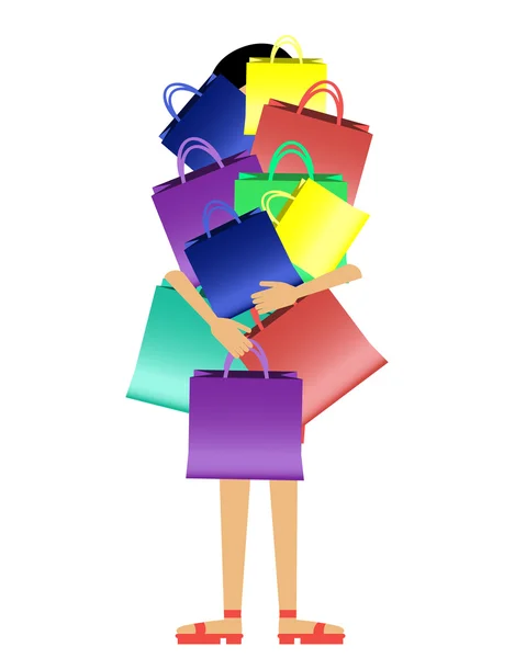 After shopping. Girl with a mountain of packages in hands. Vector illustration — Stock Vector