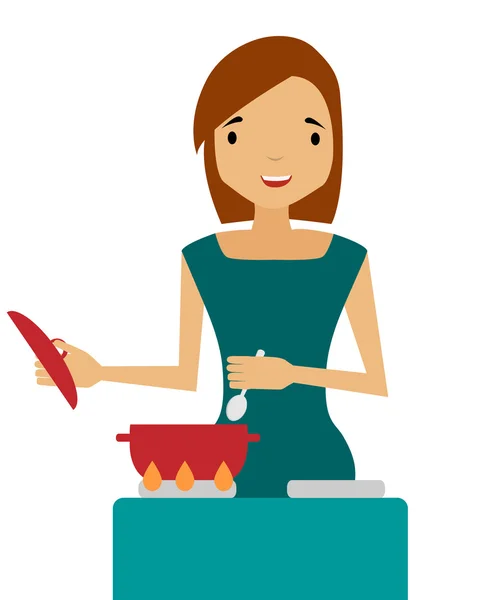 A woman prepares. Housewife holding a spoon over a saucepan. Vector illustration — Stock Vector