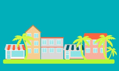 Mavi bir arka plan üzerinde palmiye ağaçları ile şehir. Vektör çizim