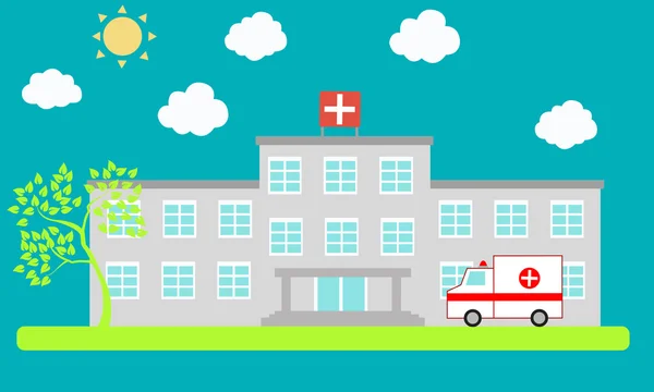 Het ziekenhuis bouwen met ambulance. Vectorillustratie — Stockvector