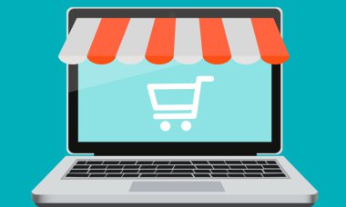 Vitrin çevrimiçi mağaza üzerinde bir dizüstü bilgisayar ve sepeti. Vektör çizim